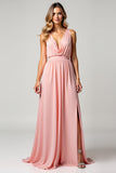 Blush Pink V-Neck Sleeveless A Line Long Bridesmaid Dress with Slit