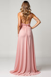 Blush Pink V-Neck Sleeveless A Line Long Bridesmaid Dress with Slit