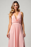 Blush Pink V-Neck Sleeveless A Line Long Bridesmaid Dress with Slit