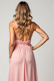 Blush Pink V-Neck Sleeveless A Line Long Bridesmaid Dress with Slit