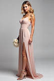 V Neck Dusty Rose Chiffon A Line Long Bridesmaid Dress with Slit