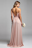 V Neck Dusty Rose Chiffon A Line Long Bridesmaid Dress with Slit