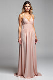 V Neck Dusty Rose Chiffon A Line Long Bridesmaid Dress with Slit