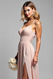 V Neck Dusty Rose Chiffon A Line Long Bridesmaid Dress with Slit