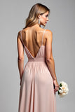 V Neck Dusty Rose Chiffon A Line Long Bridesmaid Dress with Slit