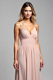 V Neck Dusty Rose Chiffon A Line Long Bridesmaid Dress with Slit