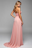 A Line Blush Pink Spaghetti Straps Long Elegant Bridesmaid Dress with Slit