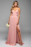 A Line Blush Pink Spaghetti Straps Long Elegant Bridesmaid Dress with Slit