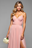 A Line Blush Pink Spaghetti Straps Long Elegant Bridesmaid Dress with Slit