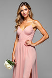 A Line Blush Pink Spaghetti Straps Long Elegant Bridesmaid Dress with Slit