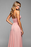 A Line Blush Pink Spaghetti Straps Long Elegant Bridesmaid Dress with Slit