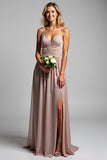 A Line Dusty Rose Chiffon V-Neck Long Bridesmaid Dress with Slit