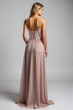 A Line Dusty Rose Chiffon V-Neck Long Bridesmaid Dress with Slit