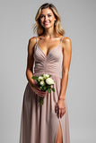 A Line Dusty Rose Chiffon V-Neck Long Bridesmaid Dress with Slit