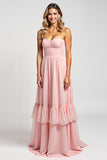 Blush Pink A Line Strapless Tiered Long Bridesmaid Dress