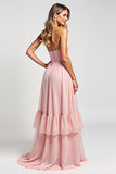 Blush Pink A Line Strapless Tiered Long Bridesmaid Dress