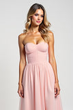 Blush Pink A Line Strapless Tiered Long Bridesmaid Dress