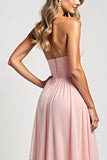 Blush Pink A Line Strapless Tiered Long Bridesmaid Dress