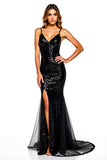 Sparkly Mermaid Sequined V Neck Long Tulle Formal Dress with Slit