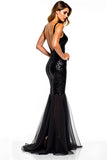 Sparkly Mermaid Sequined V Neck Long Tulle Formal Dress with Slit