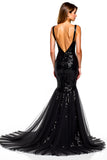 Sparkly Mermaid Sequined V Neck Long Tulle Formal Dress with Slit