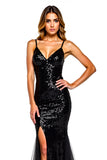 Sparkly Mermaid Sequined V Neck Long Tulle Formal Dress with Slit