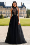 Black Halter A Line Keyhole Long Prom Dress with Appliques