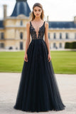 Black A Line V-Neck Pleated Long Prom Dress with Applique