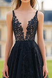 Black A Line V-Neck Pleated Long Prom Dress with Applique