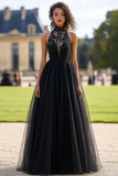 Black Halter A Line Tulle Maxi Prom Dress with Lace Applique