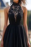 Black Halter A Line Tulle Maxi Prom Dress with Lace Applique