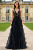 Black A Line V Neck Tulle Long Prom Dress with Appliques