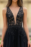 Black A Line V Neck Tulle Long Prom Dress with Appliques