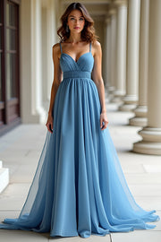 Blue Spaghetti Straps Pleated A Line Organza Prom Dress