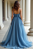 Blue Spaghetti Straps Pleated A Line Organza Prom Dress