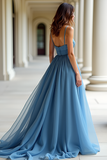 Blue Spaghetti Straps Pleated A Line Organza Prom Dress