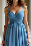 Blue Spaghetti Straps Pleated A Line Organza Prom Dress