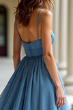 Blue Spaghetti Straps Pleated A Line Organza Prom Dress