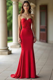 Red Sweetheart Sheath Stretch Satin Prom Dress