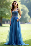 Grey Blue Spaghetti Straps Sweetheart A Line Maxi Prom Dress