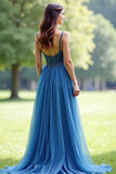 Grey Blue Spaghetti Straps Sweetheart A Line Maxi Prom Dress