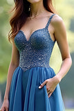 Grey Blue Spaghetti Straps Sweetheart A Line Maxi Prom Dress