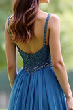 Grey Blue Spaghetti Straps Sweetheart A Line Maxi Prom Dress