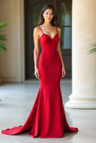 Red Spaghetti Straps Sweetheart Sheath Maxi Prom Dress