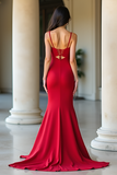 Red Spaghetti Straps Sweetheart Sheath Maxi Prom Dress