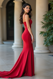 Red Spaghetti Straps Sweetheart Sheath Maxi Prom Dress