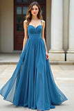 Spaghetti Straps Sweetheart Blue Pleated A Line Prom Dress