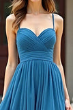 Spaghetti Straps Sweetheart Blue Pleated A Line Prom Dress