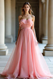 Princess Sweetheart Pink Pleated A Line Prom Dress with Ruffles