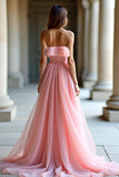 Princess Sweetheart Pink Pleated A Line Prom Dress with Ruffles